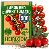 HOME GROWN Large Red Cherry Tomato Seeds packaging shows eco-friendly labeling and a generous seed count.