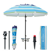 HOMEDEMO 7ft beach umbrella with table and sand anchor in blue-green-white canopy.