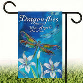 HOMETITUTE dragonfly garden flag 12x18 with floral artwork greets guests on a porch.