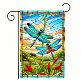HOMETITUTE dragonfly stained glass flag adds vibrant spring color to your garden entry.