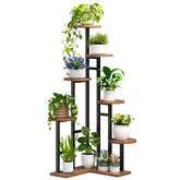 HOOBRO corner plant stand 7-tier angle view showcasing lush plants and space-saving corner design.