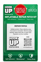 HOOK UP inflatable patches 10-pack displayed for versatile repairs on pools and inflatables.