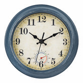 Horizent outdoor clock with 8-inch blue dial, weatherproof for indoor and outdoor spaces.
