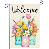 HOSCAPE Welcome Spring flag front view featuring tulips and lavender for curb appeal.