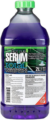 Hot Tub Serum bottle and 2-liter container ready for weekly dosing to simplify maintenance.