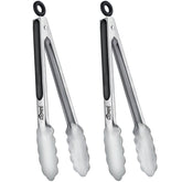 Hotec 9-inch tongs in use on grill for even flipping and searing