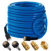 Hourleey 50 ft blue pressure washer hose extended for versatile cleaning reach.