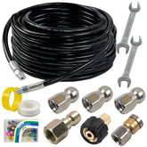 Hourleey Sewer Jetter Kit 50ft hose demonstrates flexible flushing for clogged drains.