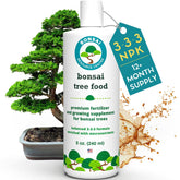 HOUSEPLANT RESOURCE CENTER Bonsai Food bottle front highlights balanced 3-3-3 formula for healthy growth