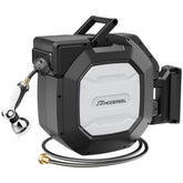 HOZEREEL retractable hose reel mounted on a wall for easier garden watering.