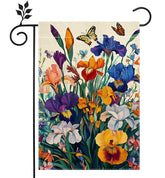 Hsrvivi Spring Irises Garden Flag front view welcoming guests with color