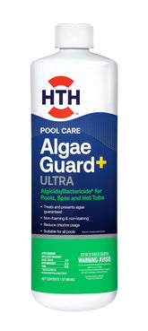 HTH Algae Guard Ultra bottle close-up showing strong algae control for pools