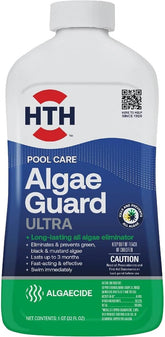 HTH Algae Guard Ultra bottle pour showing fast-acting algae control for pools