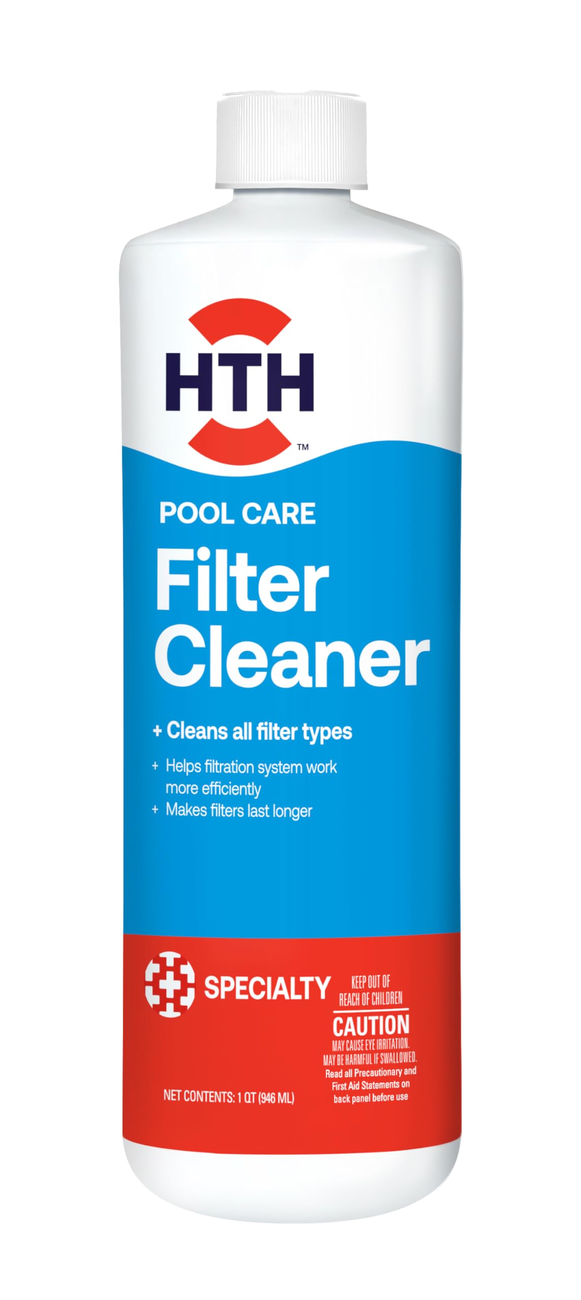 HTH Filter Cleaner bottle pour shows overnight action for cleaner filtration.