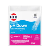 HTH pH Down bottle close-up for easy pH adjustment and clearer water.