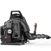 HTK backpack blower with 63cc engine powering heavy-duty yard work