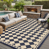 HUGEAR outdoor rug 10x14 in beige plaid adds durable comfort for patios and decks.