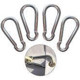 Huouo flag pole snap hook clip closeup in steel for secure halyard attachment.
