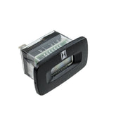Husqvarna hour-meter gauge on mower for accurate maintenance reminders.