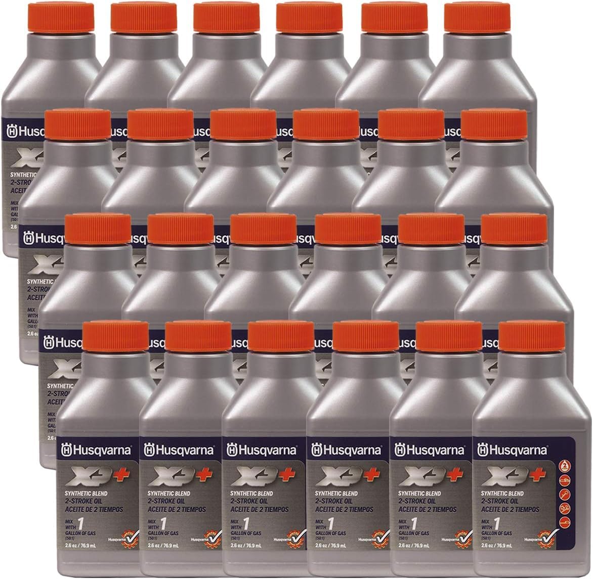 Husqvarna XP+ 2-Stroke Oil 2.6 oz bottles in a 24-pack for clean, reliable gas-oil mix.
