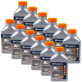 Husqvarna XP 2-cycle oil bottles on display for smooth 2.5-gallon mix.
