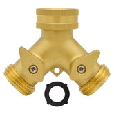 HYDRO MASTER heavy-duty brass 2-way Y splitter shown for sturdy high-pressure outdoor watering.