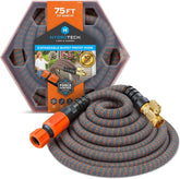 HydroTech 75 ft expandable hose coiled for storage and transport.