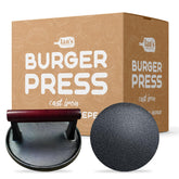 Ian's Smash Burger Press front view highlights durable cast iron for even searing