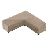 iBirdie outdoor sectional cover draped over an 80x80 sofa shielding from rain and sun