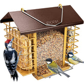 IBorn bird feeder outdoors with coffee roof keeps seeds dry and fresh.