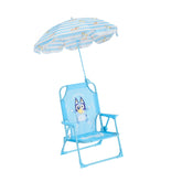 Idea Nuova Bluey kids chair with umbrella clip for shaded outdoor seating.
