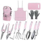 iHansee pink garden tool set contents organized for easy gardening tasks