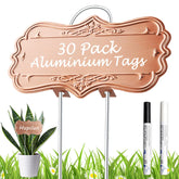 IKSII 30-pack metal plant labels with large writing area for clear garden labeling.