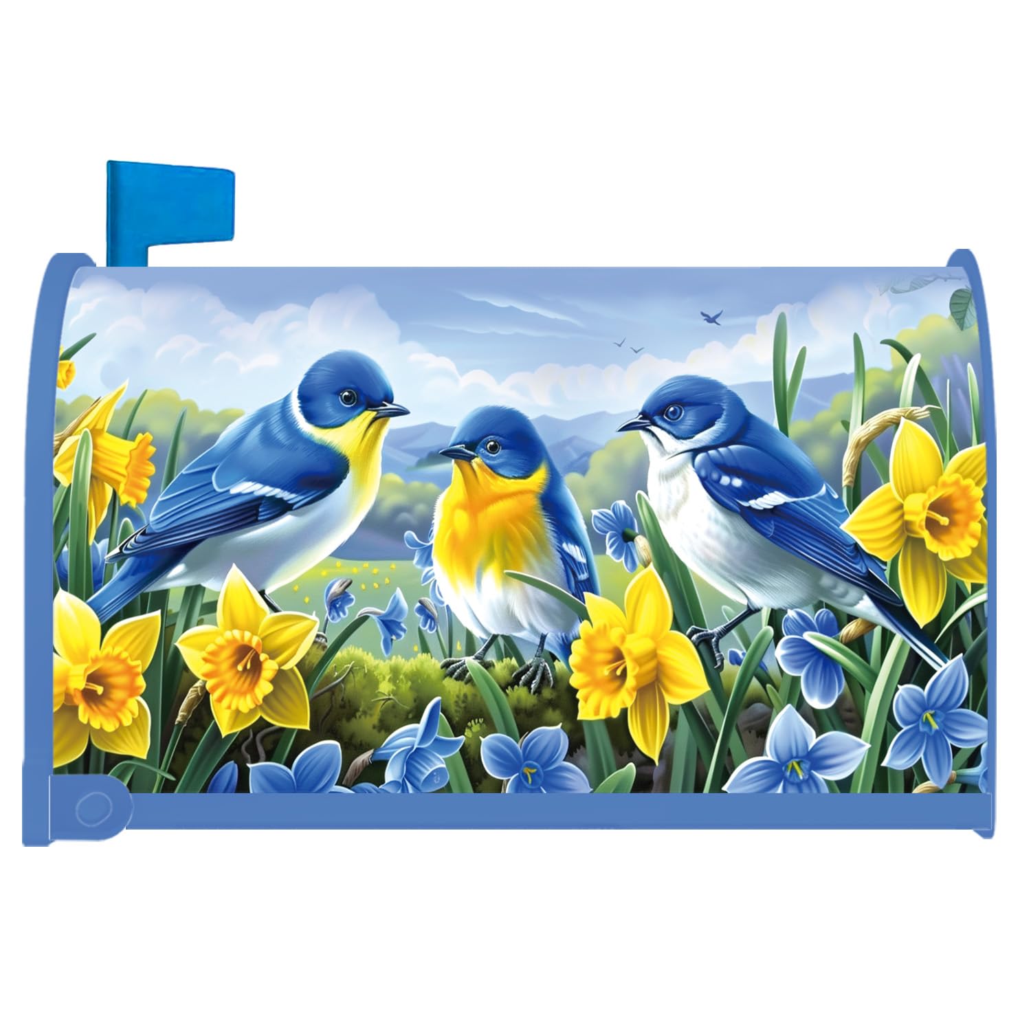 InIsaJace spring mailbox cover with bluebirds and daffodils enhances curb appeal.