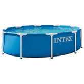 Intex 28200EP pool side view highlights sturdy metal frame for reliable backyard fun.