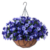 INXUGAO artificial hydrangea hanging basket with blue blooms for outdoor decor.