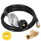 Iococee 5 ft propane regulator with elbow adapter for Blackstone griddle, enabling easy outdoor cooking.