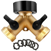 IPOW brass heavy-duty 2-way Y valve connected to garden spigot for dual watering options