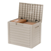 IRIS USA 35-gallon deck box lid open for easy access to cushions and tools