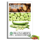 Isla's Garden Seeds Aquadulce fava bean seeds packaging, non-GMO heirloom quality for gardeners.