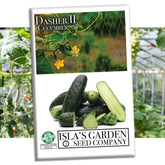 Isla's Garden Seeds Dasher II cucumber seed packet for home gardening.