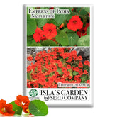 Isla's Garden Seeds Empress of India seed pack featuring edible nasturtium blooms for salads