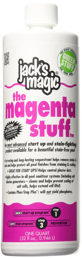 Jack's Magic The Magenta Stuff bottle pour; powerful stain control for new pools.