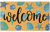 JarThenaAMCS seashell coir door mat in aqua blue, ideal for scraping dirt from shoes