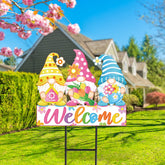 JarThenaAMCS spring gnome garden stake with welcome sign boosts curb appeal.