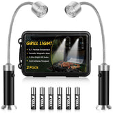 Jasee grill light with magnetic base attached to grill for hands-free cooking.