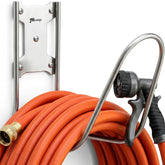 JBscoop large stainless steel hose holder mounted on wall for durable garden organization.