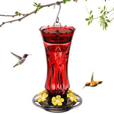 Jealoeur red 18oz hummingbird feeder seen from the front for yard delight