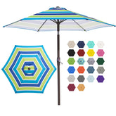 JEAREY 7.5ft patio umbrella tilted to adjust shade for sunny outdoor dining.