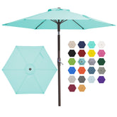 JEAREY teal blue patio umbrella open over seating area, providing shade.